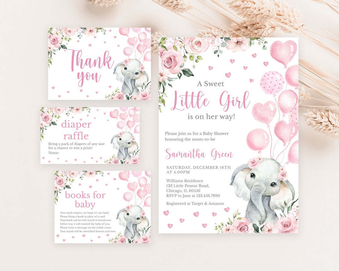 Editable Pink Girl Elephant Baby Shower Invitation Bundle, Pink Floral ...