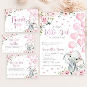 Editable Pink Girl Elephant Baby Shower Invitation Bundle, Pink Floral Elephant Baby Shower Invitation Pack, Girl Baby Elephant BBS593