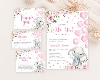 Editable Pink Girl Elephant Baby Shower Invitation Bundle, Pink Floral ...