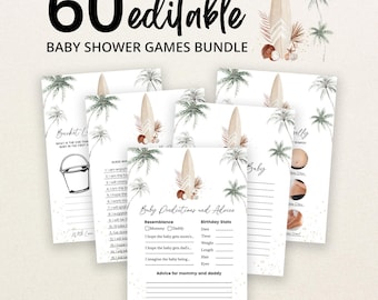 Könnte beinhalten: Ein Set aus 60 bearbeitbaren Babyparty-Spielkarten mit Illustrationen von Surfbrett, Palmen und Kokosnüssen. Die Karten enthalten Texte wie Baby Predictions and Advice, Bucket List und Guess Who sowie Leerzeilen zum Ausfüllen der Antworten.