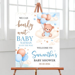 Editable Brown Bear Balloon Baby Shower Welcome Sign, We Can Bearly Wait Baby Shower Poster, Blue Boy Boho Bear Baby Shower Decor, BBS826