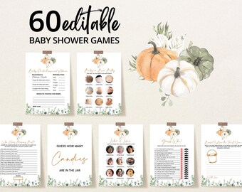 Edytowalny pakiet gier na baby shower „Zielona Dynia”, pakiet gier na baby shower „Mała Dynia”, neutralne płciowo gry na baby shower „Dynia”, BBS332