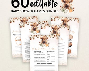 Könnte beinhalten: Ein Set aus 60 bearbeitbaren Babyparty-Spielkarten mit einer Highland-Rind-Illustration, Kürbissen und Blumenakzenten. Die Karten enthalten Text für Vorhersagen, Ratschläge und verschiedene Spielanleitungen in schwarzer und kupferner Schrift.