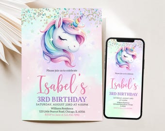 Può includere: Un invito digitale con un'illustrazione di un unicorno arcobaleno. L'invito è per il 3° compleanno di Isabel. Il testo recita "Unisciti a noi per festeggiare il 3° compleanno di Isabel, sabato 23 agosto alle 16:00, Residenza Williams, 123 Little Peanut Road, Chicago, IL 60556, RSVP a Jane al 123.456.7890".