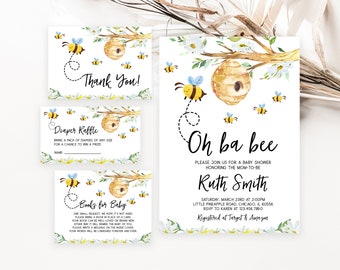 May include: A collection of baby shower stationery featuring a bee motif. The designs incorporate watercolour illustrations of bees, a beehive, and floral elements. The invitation reads "Oh ba bee" and includes event details.