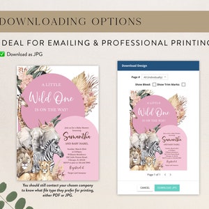 Op de afbeelding: Een roze en witte babyshower uitnodiging met een jungle thema. De uitnodiging heeft een roze cirkel met de tekst "A Little Wild One Is On The Way!" en illustraties van een giraffe, een olifant, een zebra, een leeuw en een leeuwenwelp. De uitnodiging bevat ook de namen "Samantha en Baby Isabel" en de datum en tijd van de babyshower.