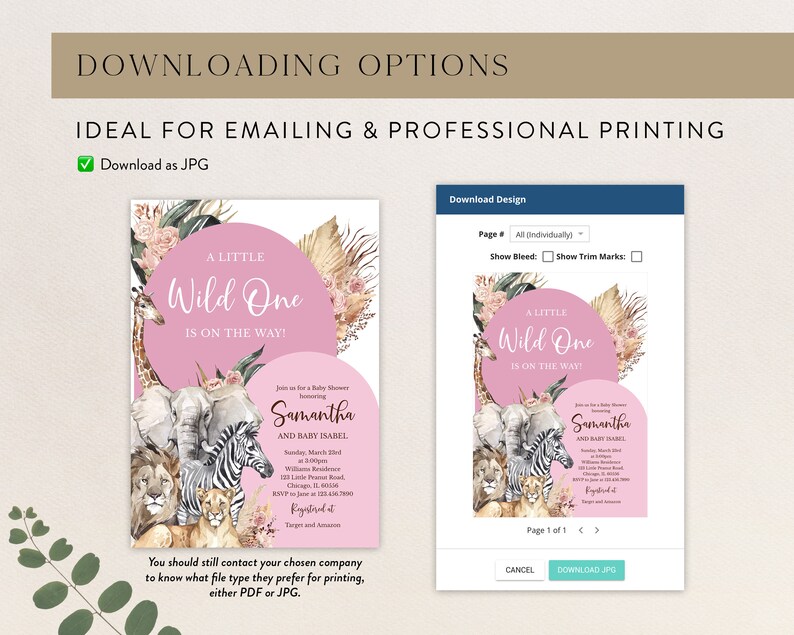 Op de afbeelding: Een roze en witte babyshower uitnodiging met een jungle thema. De uitnodiging heeft een roze cirkel met de tekst "A Little Wild One Is On The Way!" en illustraties van een giraffe, een olifant, een zebra, een leeuw en een leeuwenwelp. De uitnodiging bevat ook de namen "Samantha en Baby Isabel" en de datum en tijd van de babyshower.