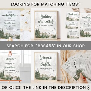 May include: A set of printable baby shower decorations with a woodland theme. The decorations feature a watercolor mountain range with green trees and a light blue sky. The text on the decorations includes "Let the adventure begin", "Babies are sweet", "Diaper Raffle", and "Thank you".