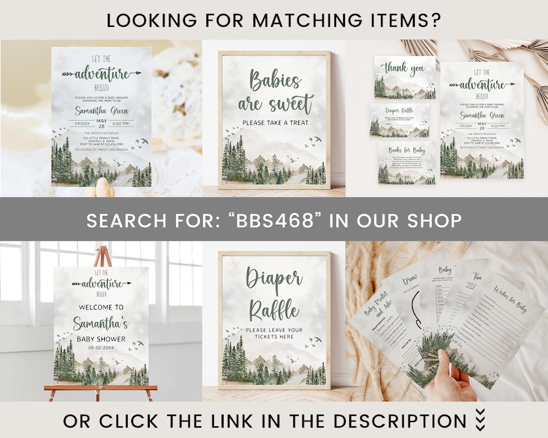 May include: A set of printable baby shower decorations with a woodland theme. The decorations feature a watercolor mountain range with green trees and a light blue sky. The text on the decorations includes "Let the adventure begin", "Babies are sweet", "Diaper Raffle", and "Thank you".