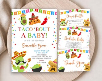 Può includere: Un set di cancelleria per baby shower con festoni colorati, coriandoli e personaggi dei cartoni animati tra cui un avocado, un taco, un peperoncino, un cactus e una tortilla chip con sombrero. Il testo include Taco 'Bout A Baby, Diaper Raffle, Books for Baby e Thank You.
