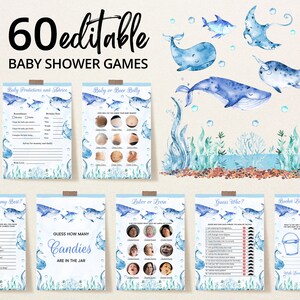 Lot de jeux de baby shower modifiable sous la mer, pack de jeux de baby shower sur l'océan, jeux de baby shower créatures marines, douche nautique pour garçon, BBS157