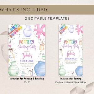May include: Two printable invitations for a pottery painting party. The invitations feature watercolor illustrations of paintbrushes, paint palettes, and pottery. The text on the invitations reads "Pottery Painting Party" and "Isabel's 5th Birthday".