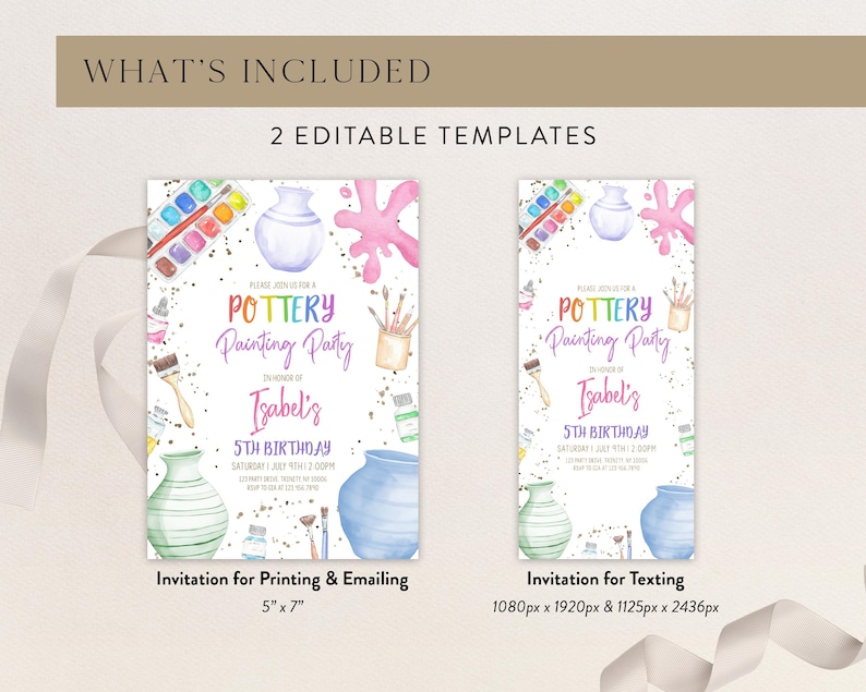May include: Two printable invitations for a pottery painting party. The invitations feature watercolor illustrations of paintbrushes, paint palettes, and pottery. The text on the invitations reads "Pottery Painting Party" and "Isabel's 5th Birthday".