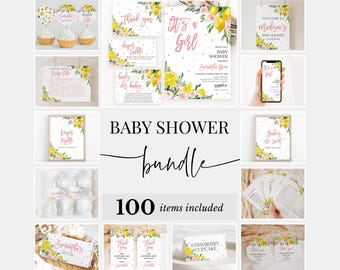 Editable Lemon It's a Girl Baby Shower Bundle, Pink Floral Lemon Baby Shower Invitation Pack, Girl Lemon Baby Shower Games Package, BBS698