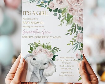 Editable Girl Elephant Baby Shower Invitation, Pink Elephant Baby Shower Invite, Pink Floral Elephant Boy Baby Shower, BBS504