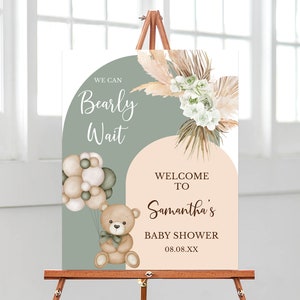 Bearbeitbar We Can BearlyWaist Babyparty-Willkommensschild, Grüner Bären-Ballon-Babypartyplakat, geschlechtsneutrales Boho-Bär-Duschedekor, BBS434