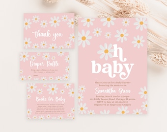 May include: Pink baby shower invitation with a daisy pattern. The invitation says "Oh baby" and includes the date, time, and location of the shower. It also includes the name of the mom-to-be, Samantha Green, and the registry information.