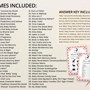 May include: A printable list of baby shower games with a red and white gingham background. The list includes games like "Baby" Around the World, Baby Shower Gift Bingo, Baby Book Emoji Pictionary, and more. The list also includes an answer key.
