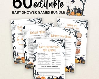 May include: A bundle of 60 editable baby shower game cards featuring Halloween-themed illustrations of ghosts, pumpkins, black cats, and tombstones. The cards include titles like Baby Predictions and Advice, Guess Who, and Baby or Beer Belly.