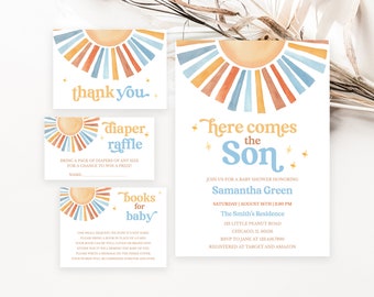Lot d'invitations modifiables pour baby shower soleil, invitation de baby shower fils Here Comes the Son, douche Sonshine Boy, douche de Boho Sunshine Shower, BBS398