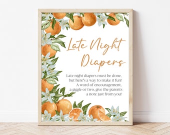 Late Night Diapers Sign Little Cutie Baby Shower, Orange Baby Shower Diaper Thoughts Sign, Gender Neutral Orange Citrus Shower Decor, BBS691