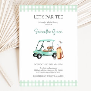 Invitación editable al baby shower de golf, invitación a la ducha Let's Par-Tee, invitación al baby shower Tee Time, ducha de golf de género neutro, BBS470
