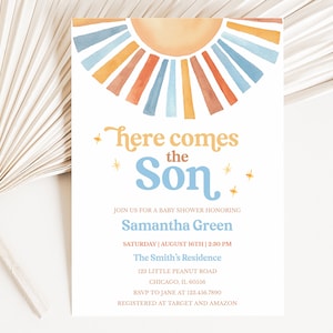 Invito modificabile per baby shower Sunshine, invito per baby shower Here Comes the Son, baby shower Boy Sonshine, Boho Sunshine Shower, BBS398