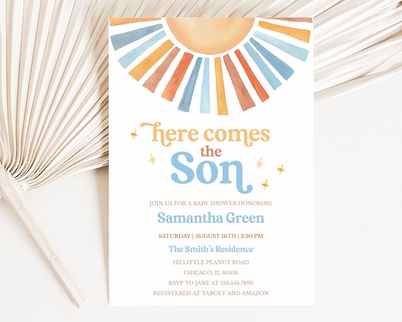 → View on Etsy: Editable Sunshine Baby Shower Invitation, Here Comes the Son Baby Shower Invite, Boy Sonshine Baby Shower, Boho Sunshine Shower, BBS398 Editable Sunshine Baby Shower Invitation, Here Comes the Son Baby Shower Invite, Boy Sonshine Baby Shower, Boho Sunshine Shower, BBS398