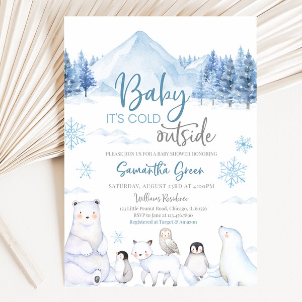 Editable Baby It's Cold Outside Baby Shower Invitation, Arctic Animals Winter Baby Shower Invite, Gender Neutral Winter Shower, BBS517