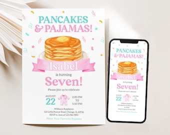 Bearbeitbare rosa Pfannkuchen und Pyjamas Geburtstagseinladung, Pyjama-Pfannkuchen einladen, Frühstücks-Geburtstagsfeier einladen, Pfannkuchenparty BRT348