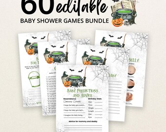 Editable A Baby is Brewing Halloween Baby Shower Game Bundle, Gender Neutral Green Halloween Baby Shower Game Pack, Halloween Games, BBS418