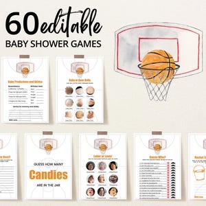 Op de afbeelding: Een verzameling van zes afdrukbare babyshower-spellen met een basketbalthema. De spellen omvatten "Babyvoorspellingen en advies", "Baby of bierbuik", "Wie kent mama het beste?", "Raad hoeveel snoepjes er in de pot zitten".