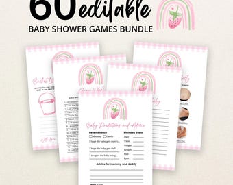 May include: A bundle of 60 editable baby shower game cards featuring a pink and green rainbow with a strawberry graphic. The cards have a pink gingham border and include titles like Baby Predictions and Advice, Bucket List, and Guess Who.