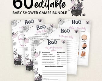 May include: A bundle of 60 editable baby shower game cards featuring a Halloween theme with black and pink illustrations of ghosts, spiders, and cauldrons. The text includes "60 editable BABY SHOWER GAMES BUNDLE" and "BOO" on each card.