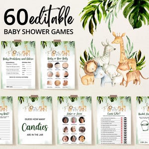 Paquete de juegos editables para baby shower con animales de safari, paquete de juegos para baby shower con temática de la jungla y safari para niños, baby shower con temática de la jungla, juegos de safari con temática de vegetación, BBS248