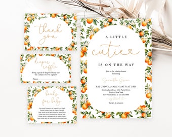 May include: Orange blossom themed baby shower invitation with a white background and orange blossoms and fruit. The text reads "A Little Cutie is on the Way" and includes the date, time, and location of the event. The invitation also includes a RSVP request and information about where to register gifts.