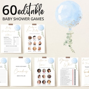 Bewerkbare Oh Boy-spelbundel babyshower, blauwe ballon babyshowergames, Blue Boy Eucalyptus-gamepakket babyshower, BBS326