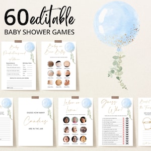 Editable Oh Boy Baby Shower Game Bundle, Blue Balloon Baby Shower Games, Blue Boy Eucalyptus Baby Shower Game Pack, BBS326