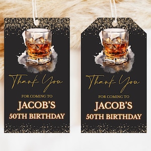 編集可能な 50 年を祝うウイスキー バースデー 記念品タグ、ウイスキー バースデー サンキュー タグ、男性の誕生日、ウイスキー パーティー記念品、BRT283
