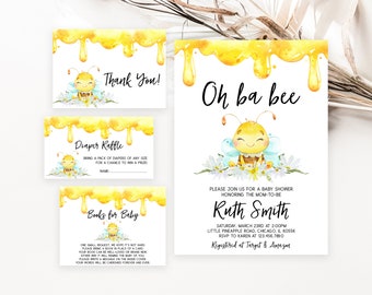 May include: A set of baby shower stationery featuring a watercolor bee theme with yellow honey drips at the top. The cards include text such as Oh ba bee, Thank You, Diaper Raffle, and Books for Baby, alongside illustrations of a smiling bee on flowers.