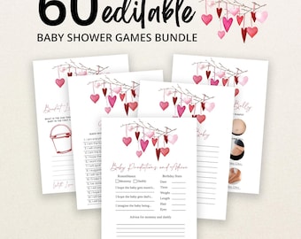 May include: A bundle of 60 editable baby shower game cards featuring a watercolor illustration of red and pink hearts hanging from a branch. The cards include text such as Baby Predictions and Advice, with lines for writing, and a bucket graphic.