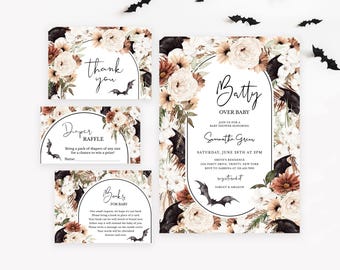 Bewerkbare Going Batty voor babyshower uitnodigingsbundel, genderneutrale Halloween babyshower, bloemen vleermuizen babyshower uitnodigen, BBS774