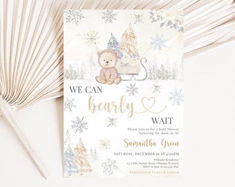 Editable Gold Winter Bear Baby Shower Invitation, We can Bearly Wait Gender Neutral Baby Shower Invite, Neutral Winter Bear Shower,BBS571