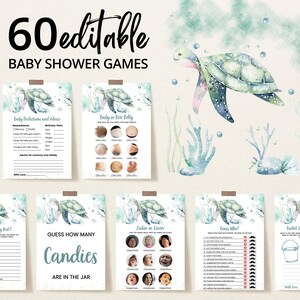 Pacchetto di giochi modificabili per baby shower a tema tartaruga, pacchetto di giochi per baby shower a tema piccola schiusa, giochi per baby shower a tema tartaruga sottomarina, BBS704