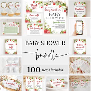 Editable A Berry Sweet Baby Shower Bundle, Strawberry Baby Shower Invitation Pack, Floral Strawberry Baby Shower Games Package, BBS665