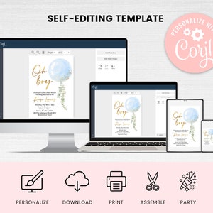 May include: A digital template for a baby shower invitation. The invitation features a blue and gold balloon with the text "Oh boy" in gold lettering. The invitation is customizable and can be printed at home.