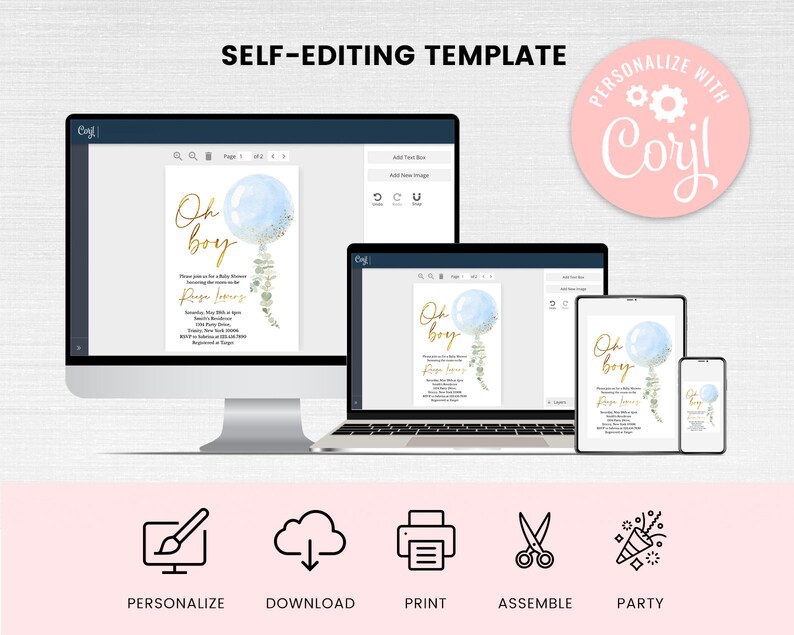 May include: A digital template for a baby shower invitation. The invitation features a blue and gold balloon with the text "Oh boy" in gold lettering. The invitation is customizable and can be printed at home.