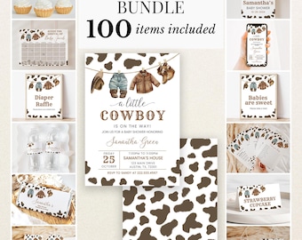 Editable A Little Cowboy Baby Shower Bundle, Wild West Baby Shower Invitation Pack, Brown Cowboy Baby Shower Game Package, Rodeo Baby BBS719