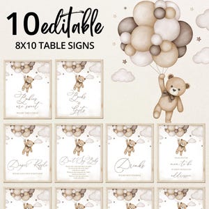 Puede incluir: Diez letreros de mesa editables de 8x10 para un baby shower. Cada letrero presenta un oso de peluche sosteniendo globos, con texto como "Babies are sweet" y "Books & Gifts". Los letreros tienen una paleta de colores neutros con tonos beige y marrón.