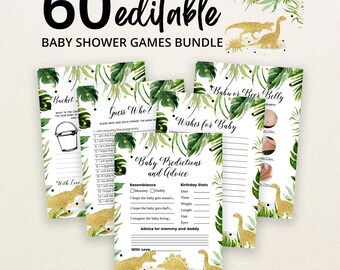 Puede incluir: Un paquete de 60 tarjetas de juegos para baby shower editables con hojas tropicales verdes e ilustraciones de dinosaurios con purpurina dorada. Las tarjetas incluyen títulos como Baby Predictions and Advice y Guess Who con líneas.